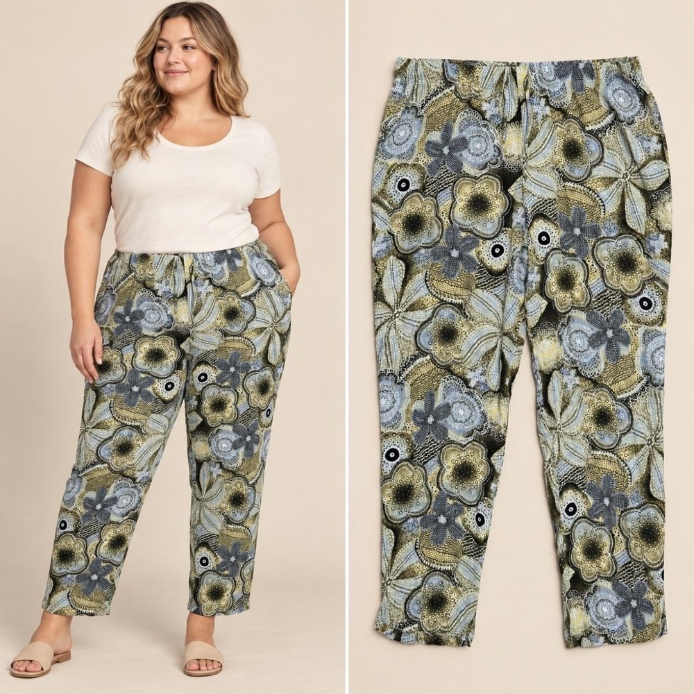 Islander Pants Women's 3X Olive Floral Paisley Rayon Pull-On Boho Vacation Art
